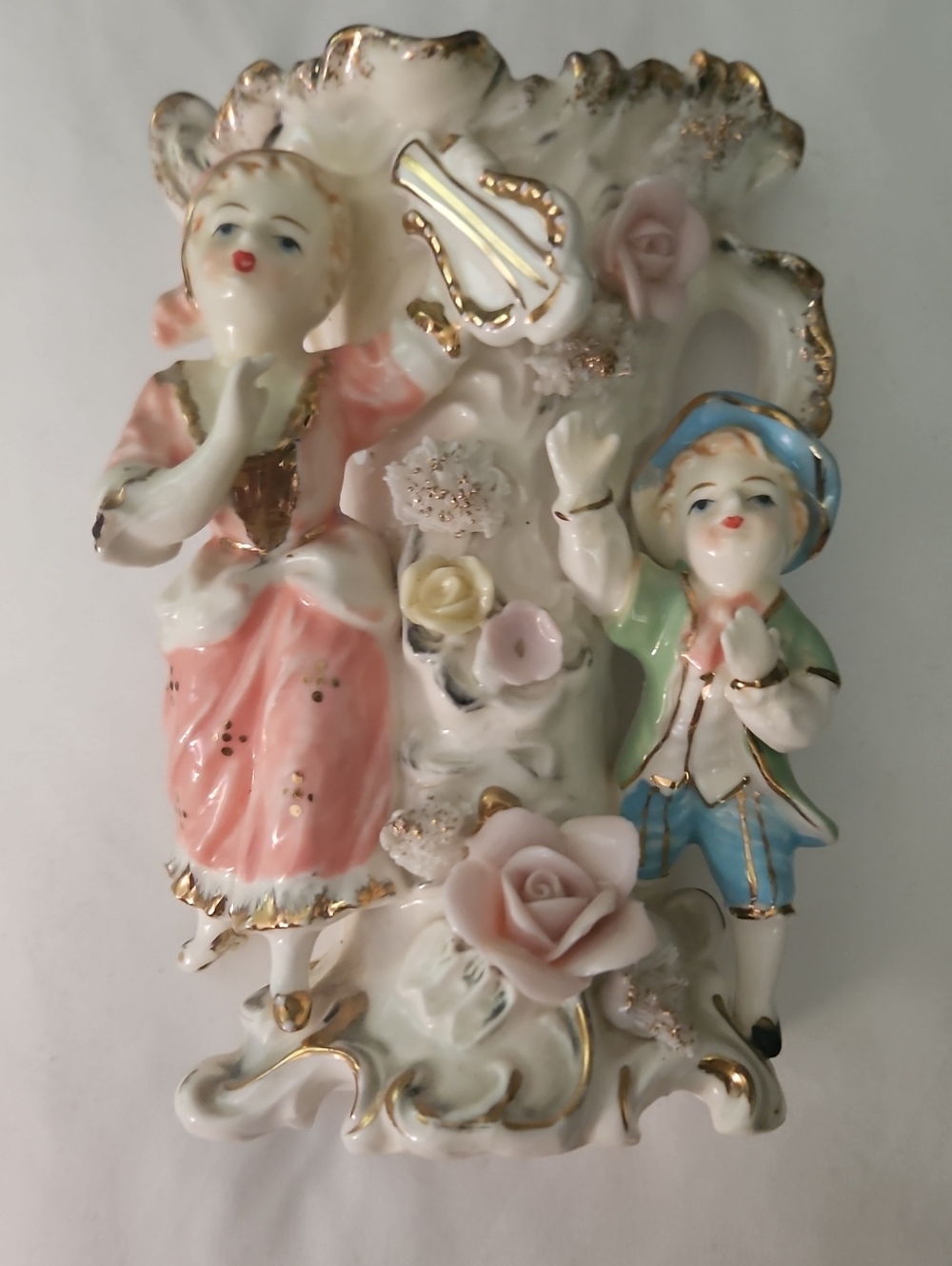 Porcelain Pink and Pastel Figurine Vase Floral Accents Hand painted Tilso Japan